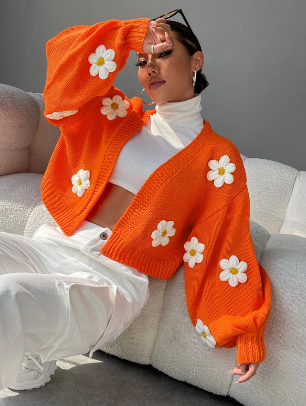 Orange Tiger Floral Bishop Sleeve Crochet Cardigan