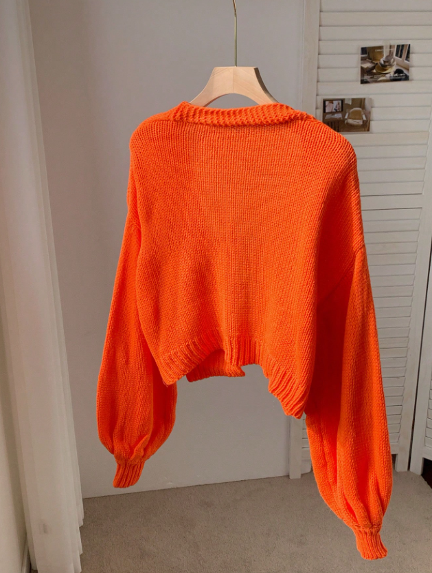 Orange Tiger Floral Bishop Sleeve Crochet Cardigan