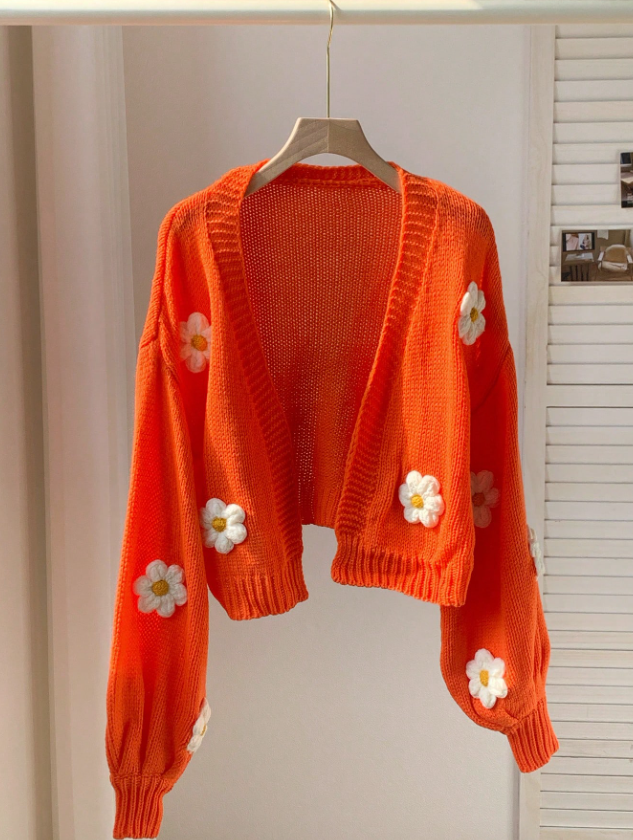 Orange Tiger Floral Bishop Sleeve Crochet Cardigan