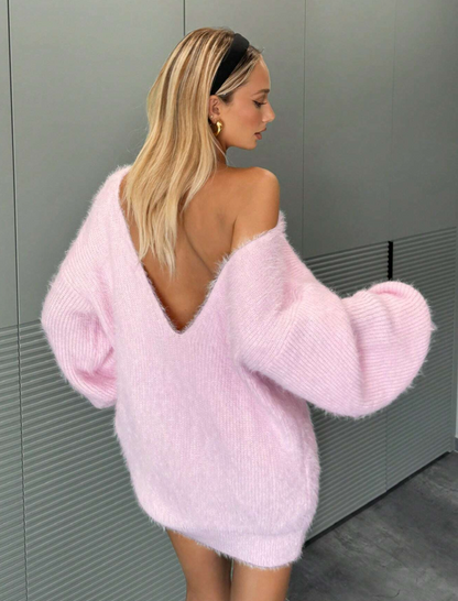 Flamingo Pink V-Neck Backless Fluffy Sweater Dress