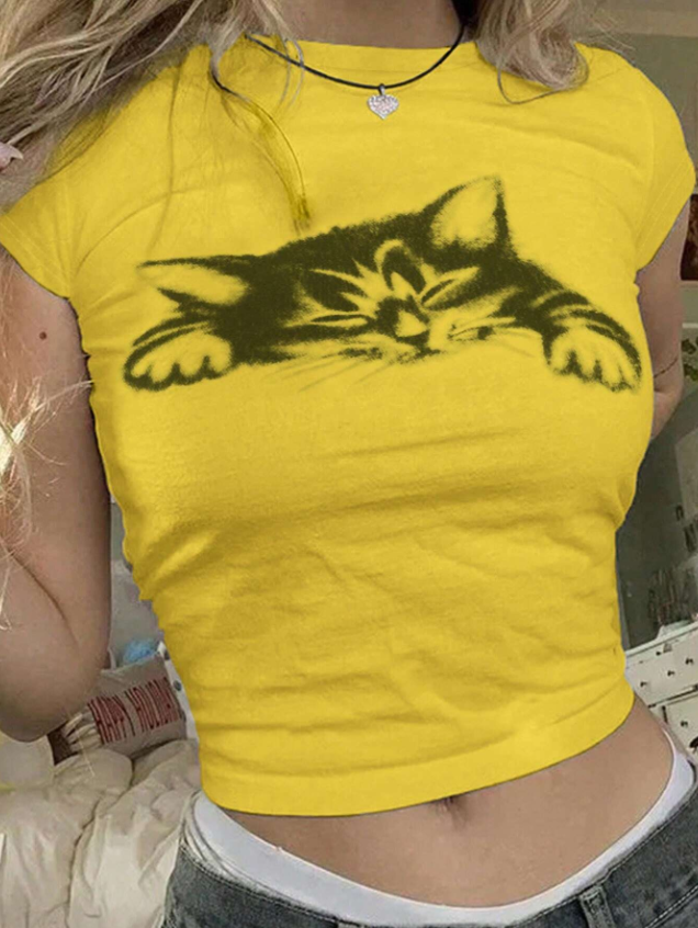 Yellow Cat Printed Short Sleeve Cropped T-Shirt