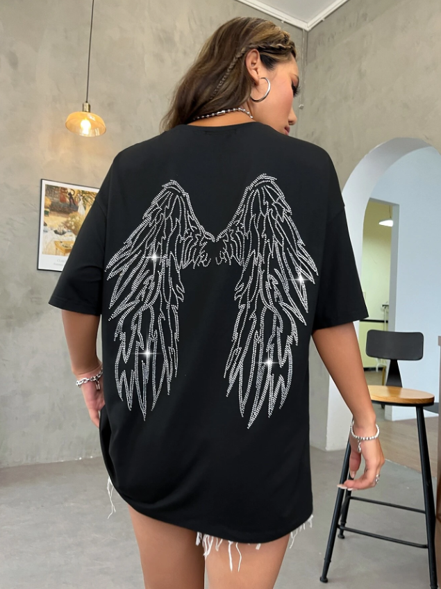 Crow Black Drop Shoulder Over Sized Rhinestone T-Shirt