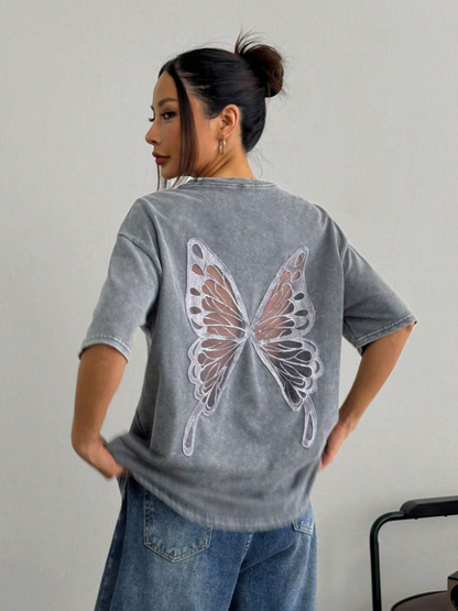 Hawk Grey Knit Women's T-Shirt With Butterfly Embroidered