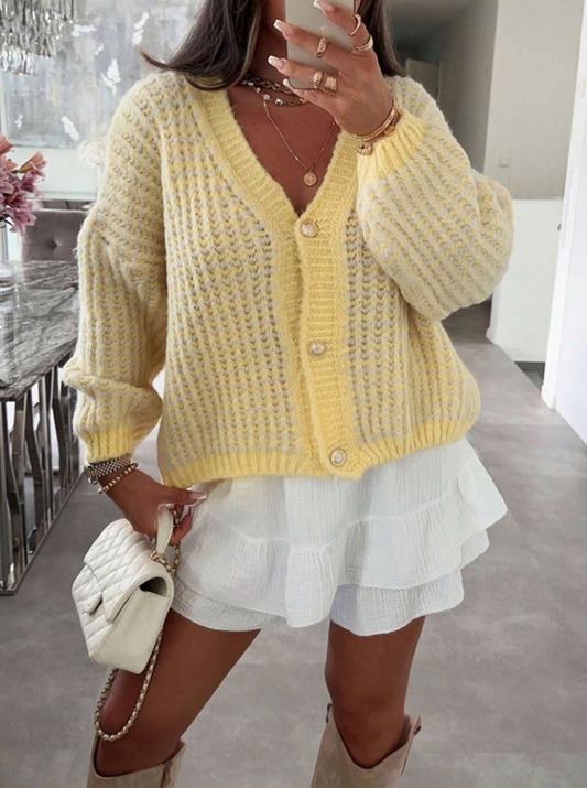 Duck Yellow V-Neck Front Button Long Sleeve Cardigan