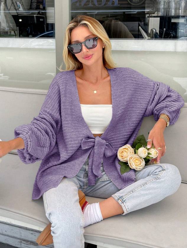 Lavender Purple Oversize Tie-Up Cardigan