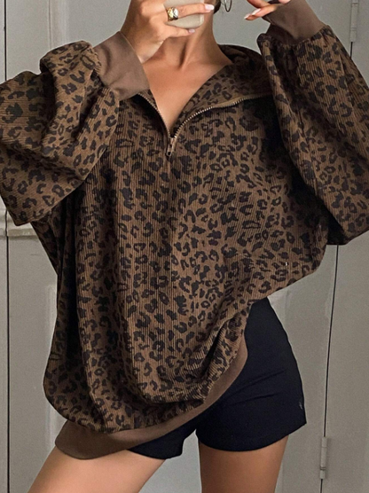 Bear Brown Long Sleeve Leopard Print Sweatshirt