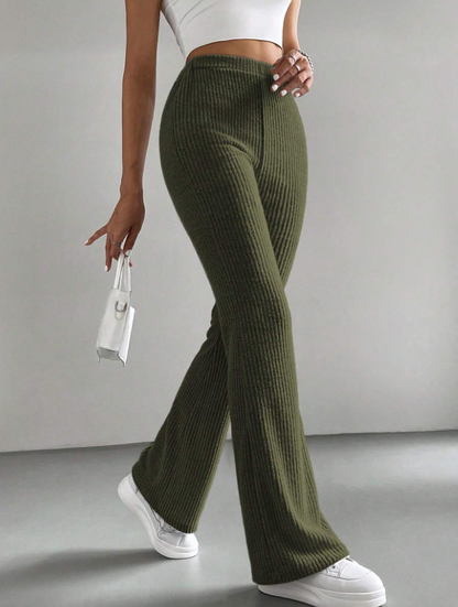 Frog Green High Waist Wide-Leg Ribbed Pants