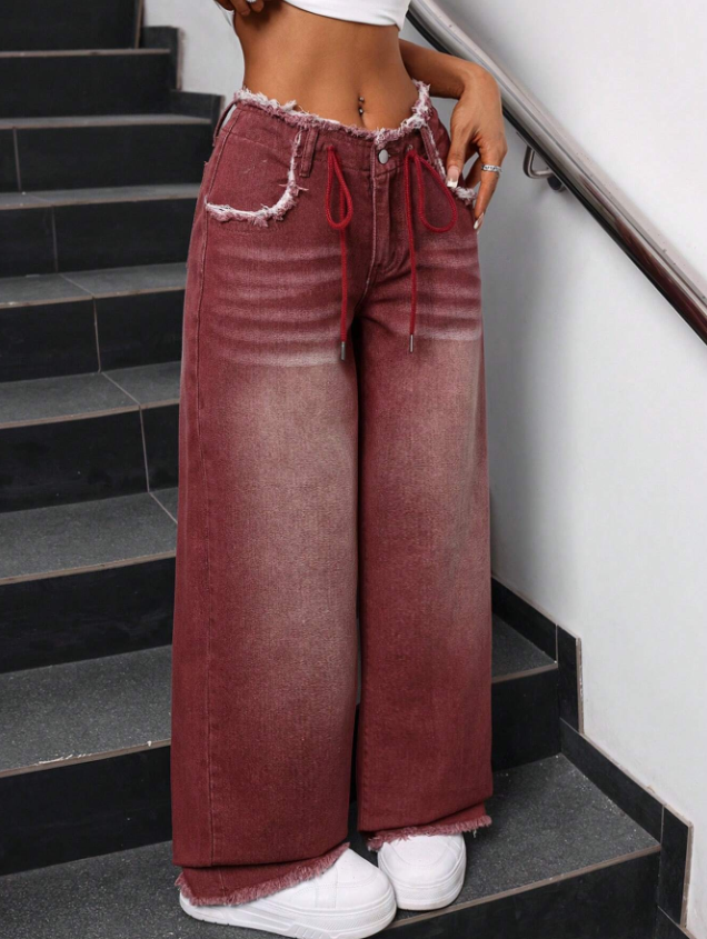 Cardinal Red Loose Long Denim Pants With Frayed Lace-Up Waistband