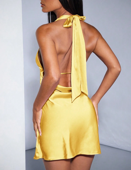 Duck Yellow Deep V Backless Drape Butterfly Tie Satin Mini Dress