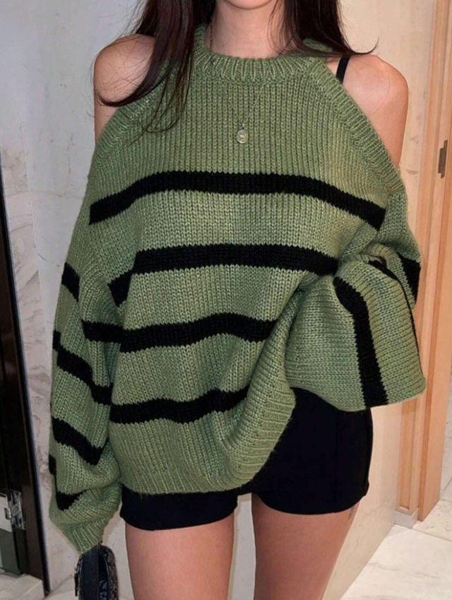 Frog Green Striped Shoulder Oversized Sweater