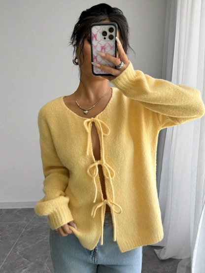 Duck Yellow Soft & Sweet Front Tie Long Sleeve Cardigan