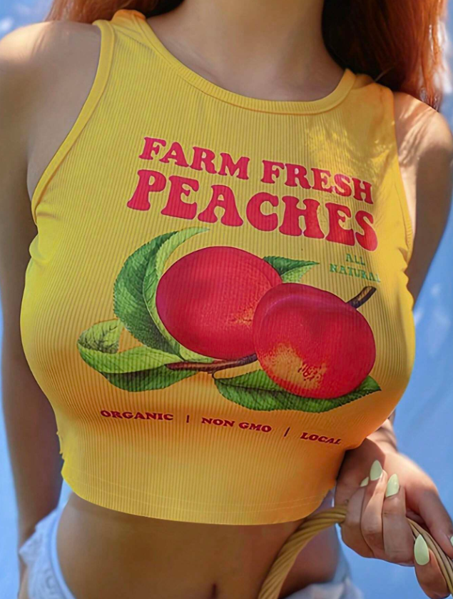 Yellow Slim Fit Peaches Tank Top