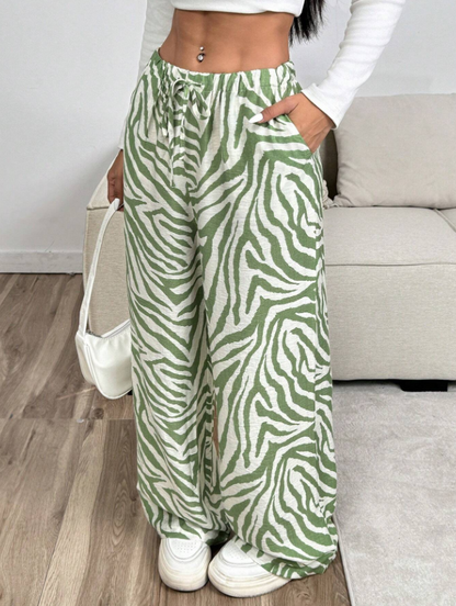 Green Zebra Print Wide Leg Pants