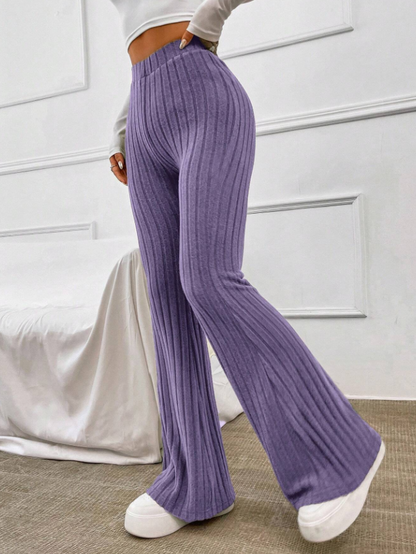 Lavender Purple Elastic Waistband Ribbed Flared Pants