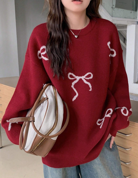 Cardinal Red Oversized Bow Tie Long Sleeve Knit Sweater