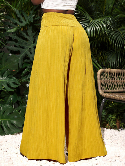 Dandelion Yellow Textured Fabric Drawstring Wide Leg Pants