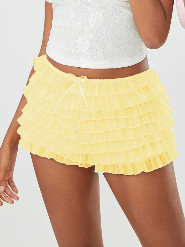 Duck Yellow Mesh Ruffle High Waist Shorts