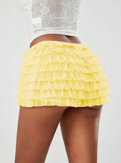 Duck Yellow Mesh Ruffle High Waist Shorts