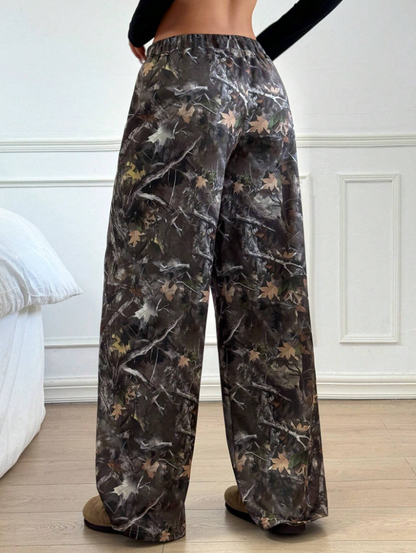 Frog Green Branch Print Letter Embroidery Wide Leg Sweatpants