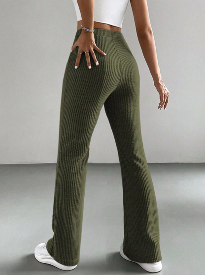 Frog Green High Waist Wide-Leg Ribbed Pants