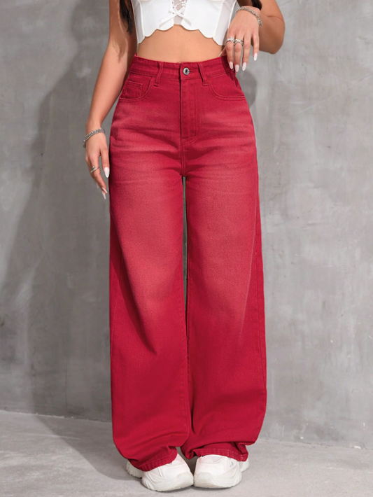 Cardinal Red Washed High Waist Straight Leg Jeans