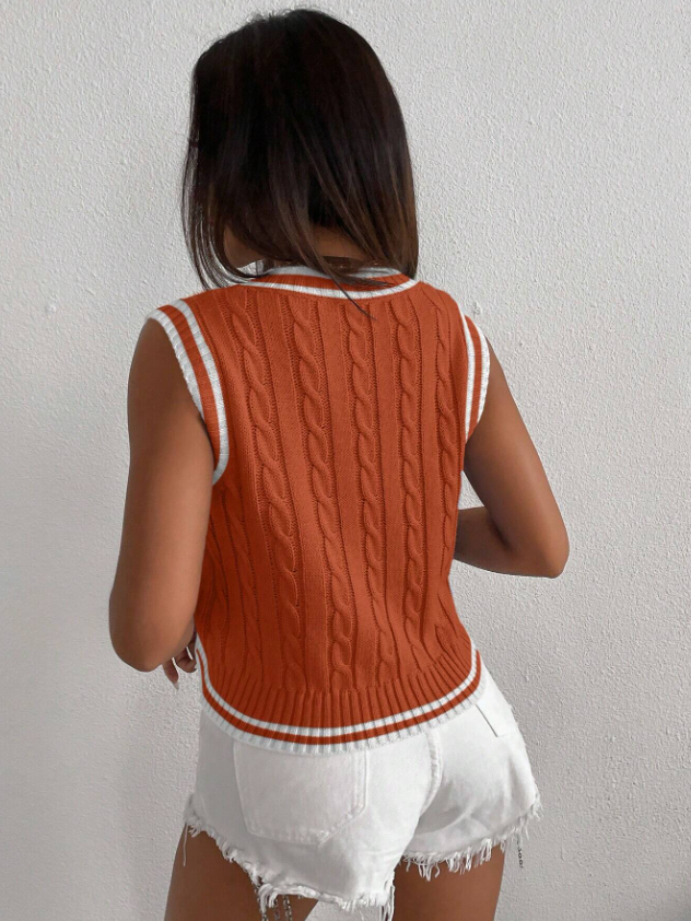 Tiger Orange V-Neck Striped Print Sleeveless Knit Vest