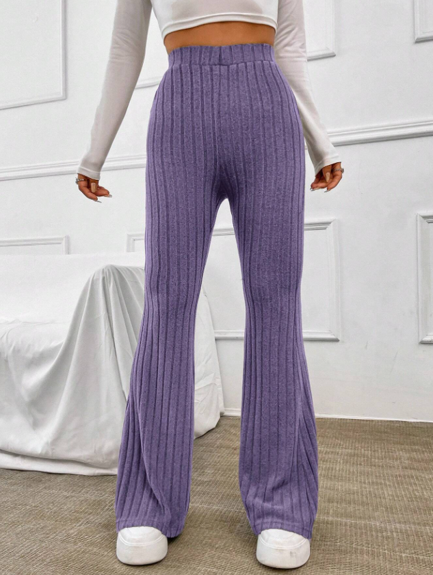 Lavender Purple Elastic Waistband Ribbed Flared Pants