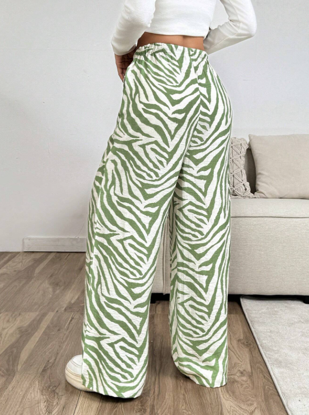 Green Zebra Print Wide Leg Pants