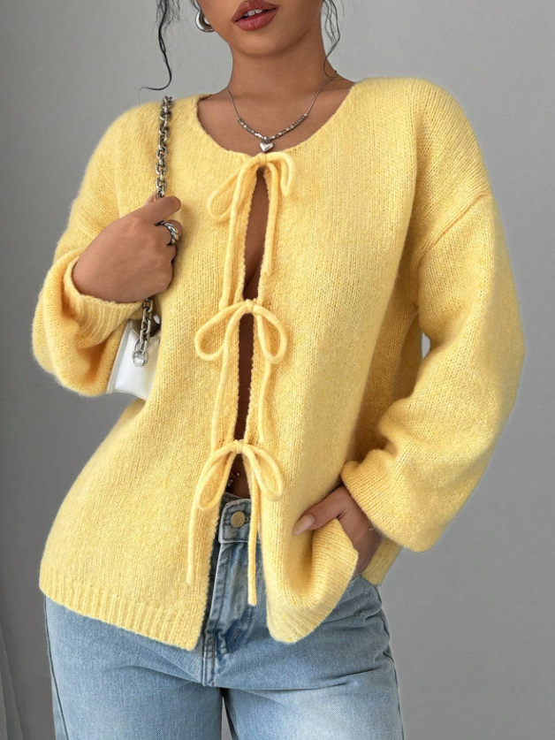 Duck Yellow Soft & Sweet Front Tie Long Sleeve Cardigan