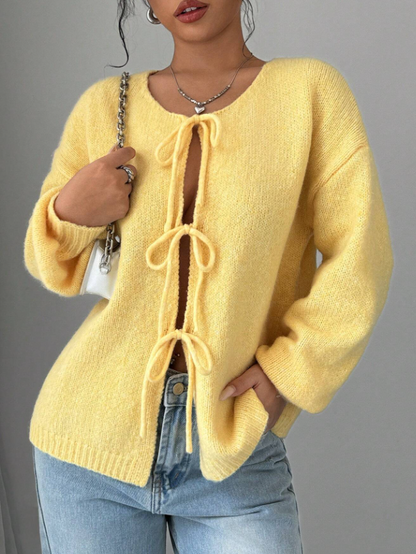 Duck Yellow Soft & Sweet Front Tie Long Sleeve Cardigan