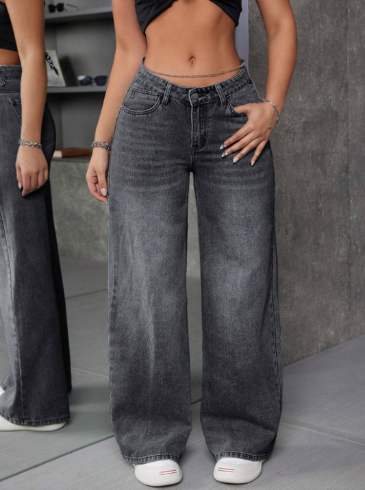 Hawk Dark Grey Washed V-Neck Wide Leg Jeans