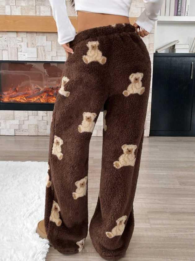 Brown Teddy Bear Fuzzy Drawstring Fleece Long Pants