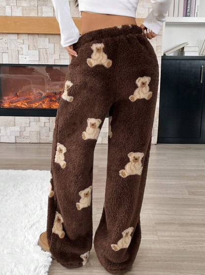 Brown Teddy Bear Fuzzy Drawstring Fleece Long Pants