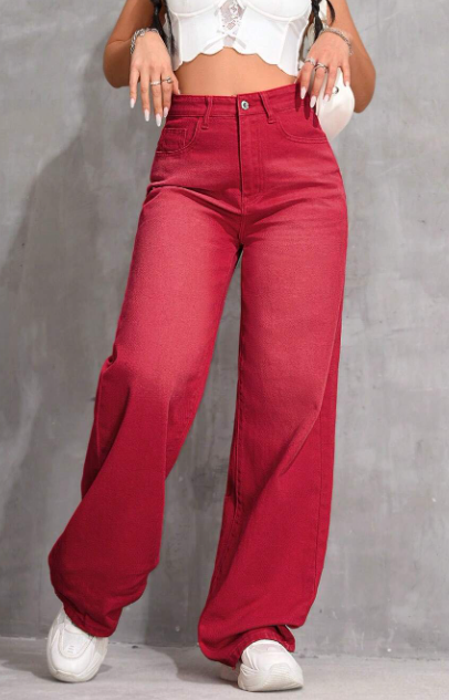 Cardinal Red Washed High Waist Straight Leg Jeans