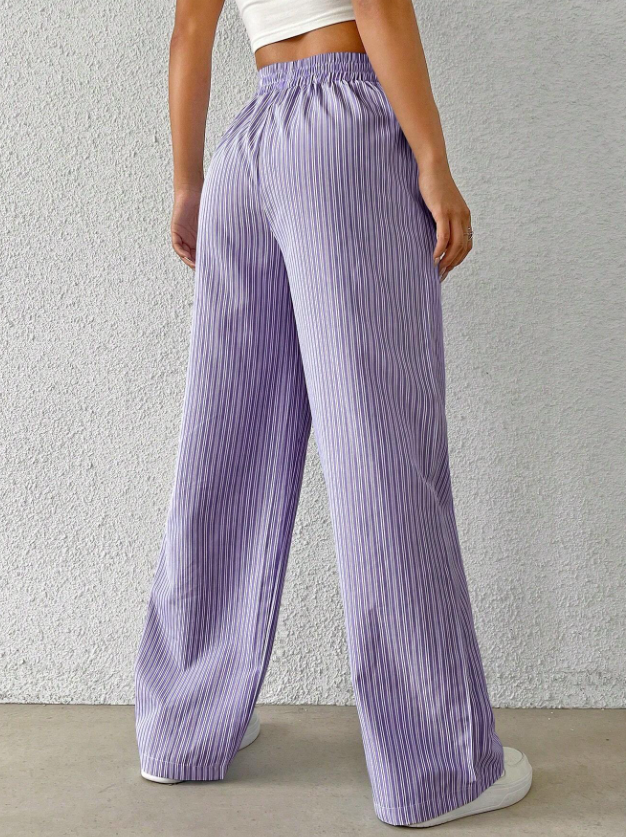 Lavender Purple Elastic Waist Striped Loose Pants