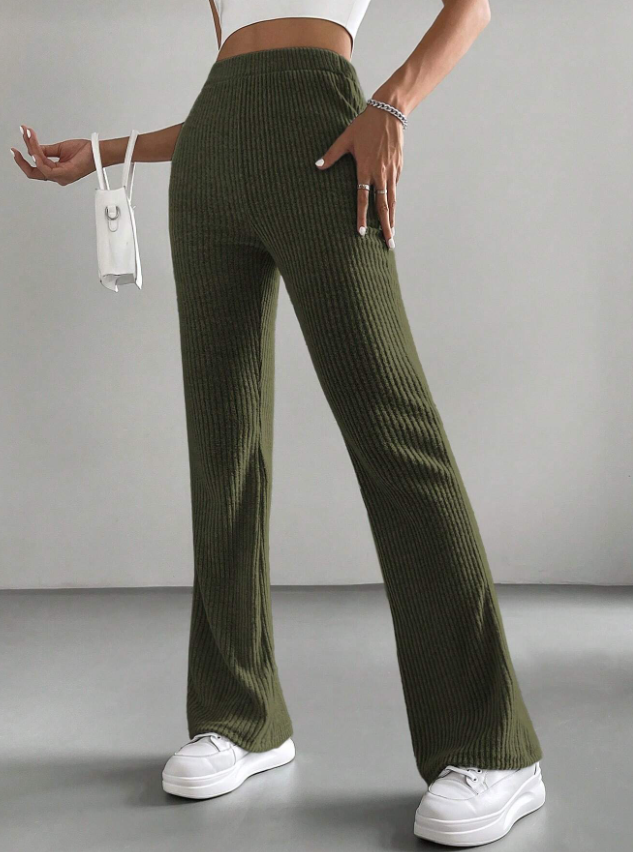 Frog Green High Waist Wide-Leg Ribbed Pants