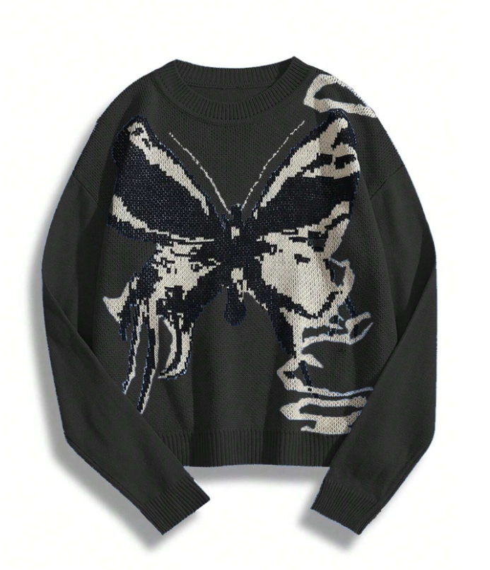 Hawk Grey Butterfly Pattern Drop Shoulder Sweater