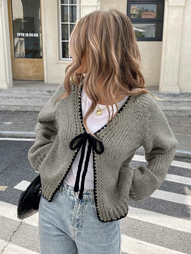 Hawk Grey Trim Tied Front Long Sleeve Cardigan