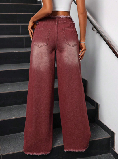 Cardinal Red Loose Long Denim Pants With Frayed Lace-Up Waistband