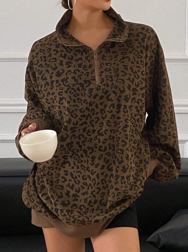 Bear Brown Long Sleeve Leopard Print Sweatshirt