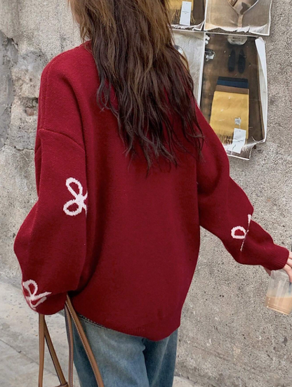 Cardinal Red Oversized Bow Tie Long Sleeve Knit Sweater