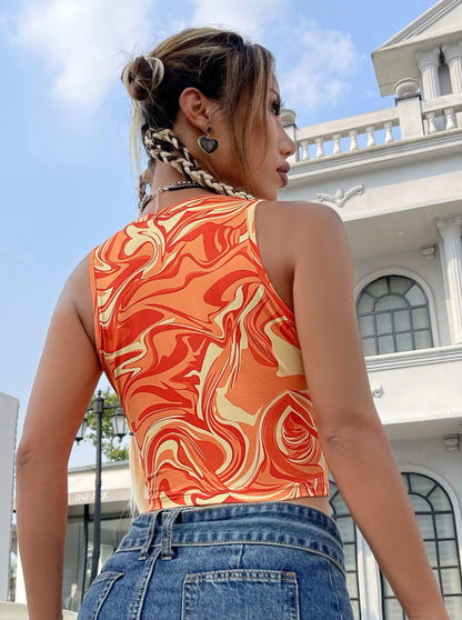 Tiger Orange Marble Print Graphic Crop Tank Top