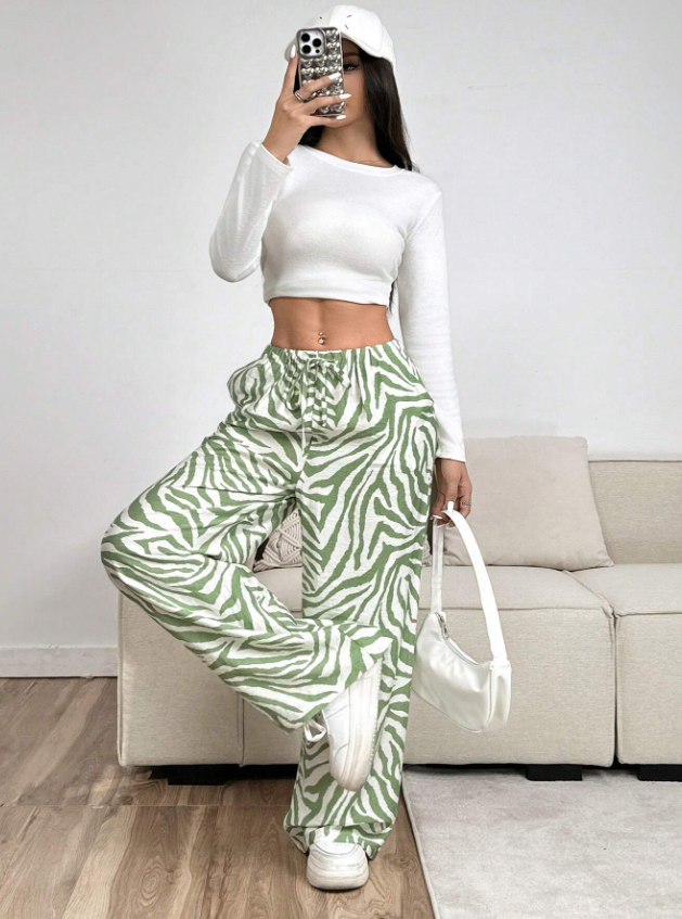 Green Zebra Print Wide Leg Pants