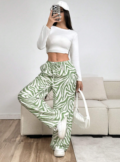 Green Zebra Print Wide Leg Pants