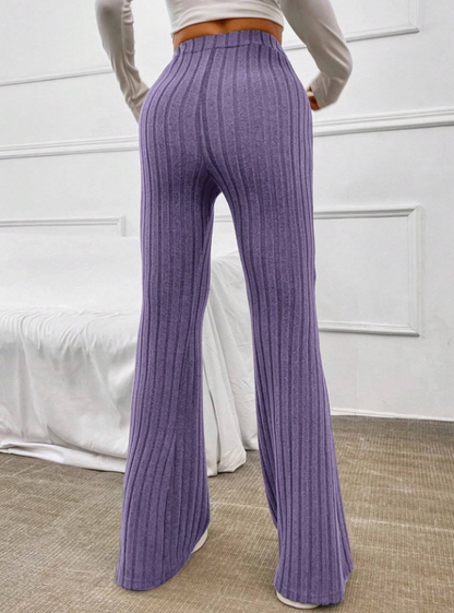 Lavender Purple Elastic Waistband Ribbed Flared Pants