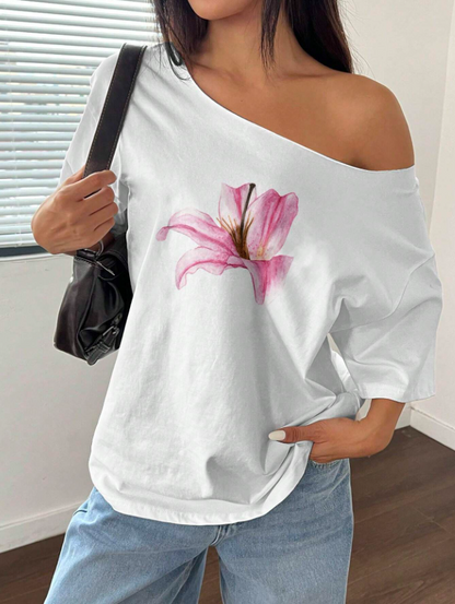 Flower White Loose Fit Oversized T-Shirt