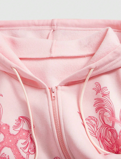 Flamingo Pink Punk Crop Hoodie Graphic Print