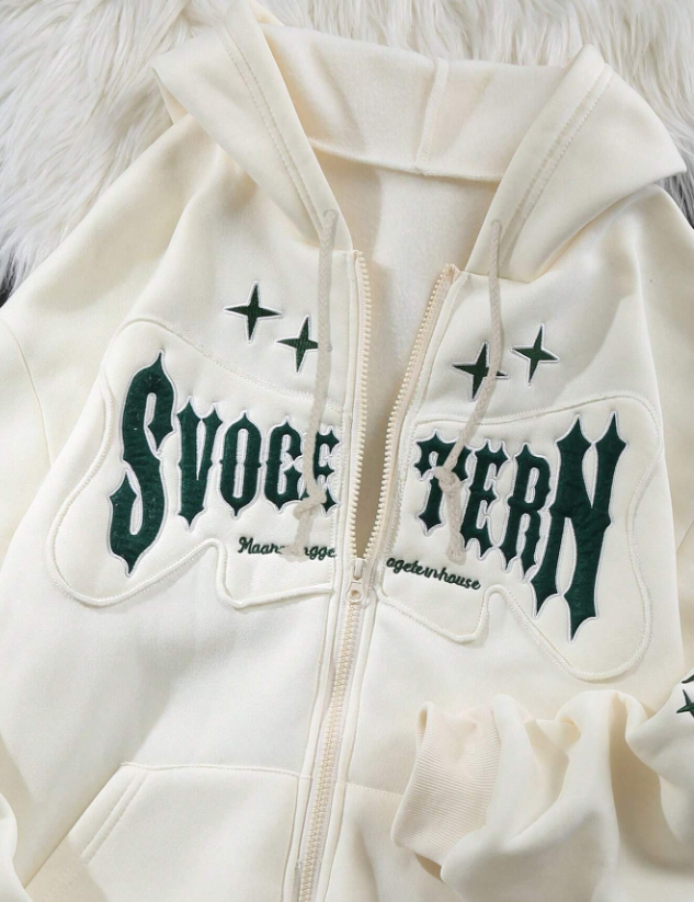 Dove White Zip Up Dropped Shoulder Graphic Hoodie