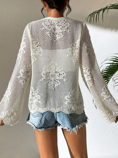 Dove White Long Sleeve Front Tie Crochet Cardigan