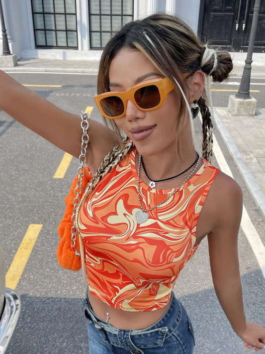 Tiger Orange Marble Print Graphic Crop Tank Top